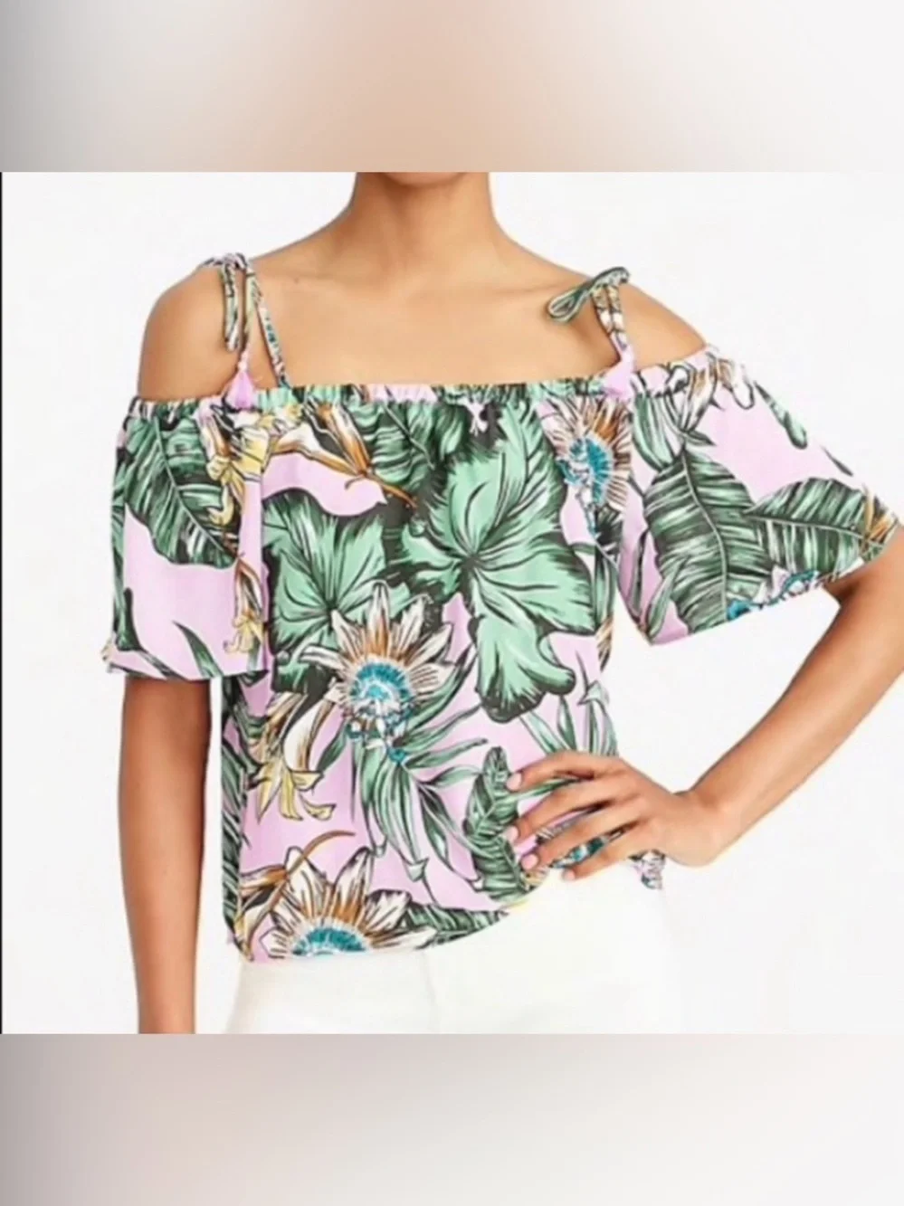 🌿🌸 J.Crew Tropical Off Shoulder Tie Strap Top Pink Green Floral Tassel Size S 🌸🌿